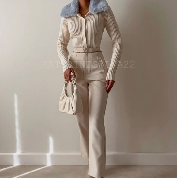 Zara * faux fur knit cardigan Cream Blue - Picture 5 of 15